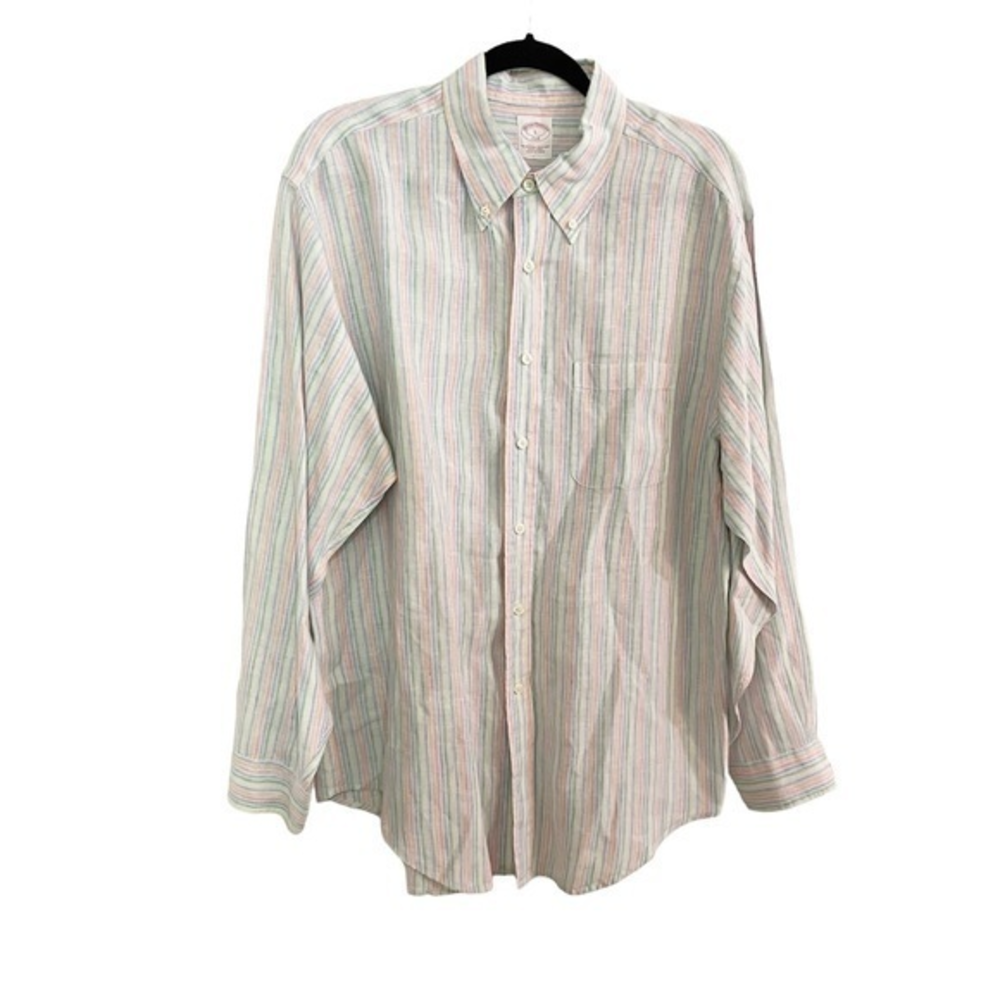 Brooks Brothers Linen Shirt Button Collar‎ Button Down L Rainbow Striped